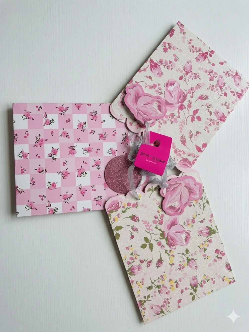 Betsey Johnson 3PK Pink Floral Gift Bag Set with Rose Tags